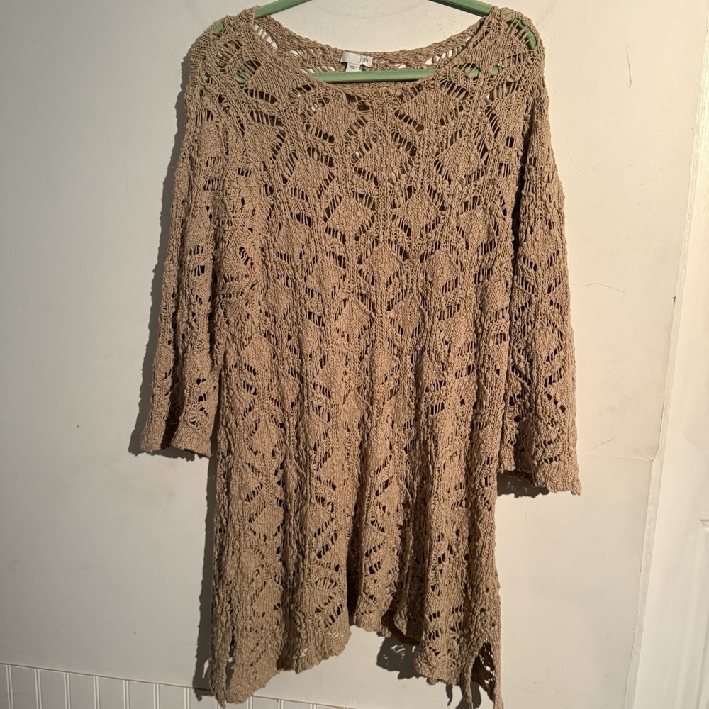 J.Jill Large Open Knit Crochet Tunic Brown 3/4 Sleeve Boho Coastal Lagenlook